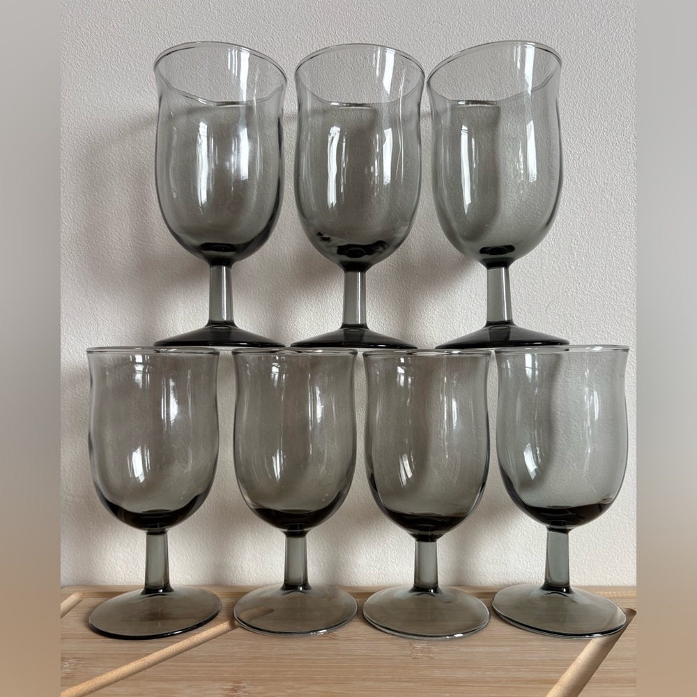 Set of 7 Smoky Gray Stemmed Wine Glasses | Vintage